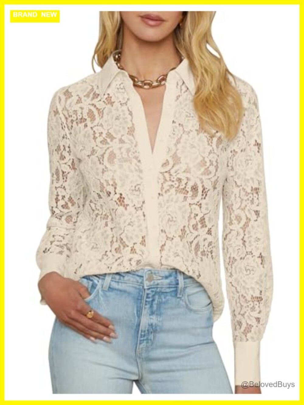 AIMCOO Women Lace Button Down Blouse Sheer Long Sleeve Floral Work Top